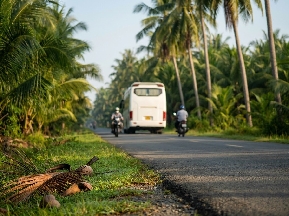 Cable-stayed road bridge over a wide brown river with fishing boats and coconut palms on the bank