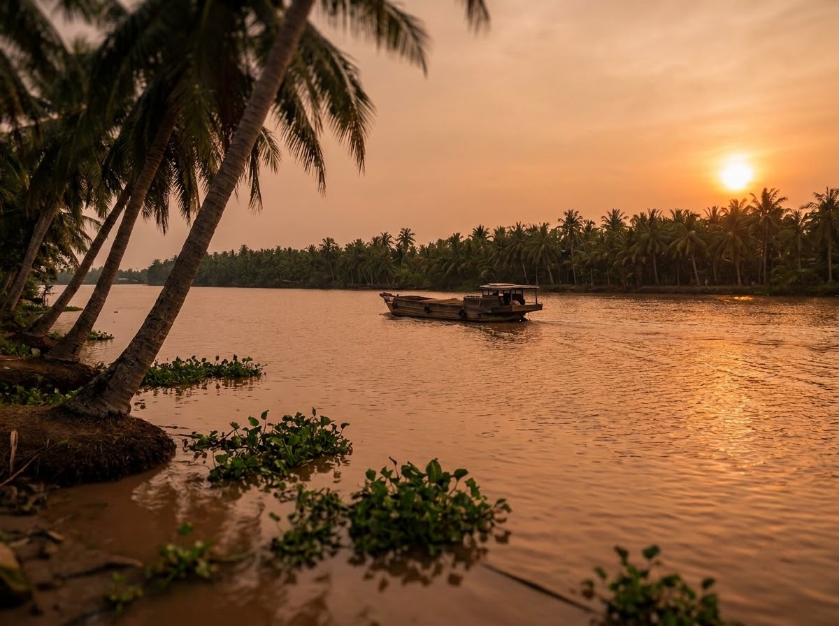 Wide brown river at golden hour with coconut palms along the bank and a wooden boat on the water