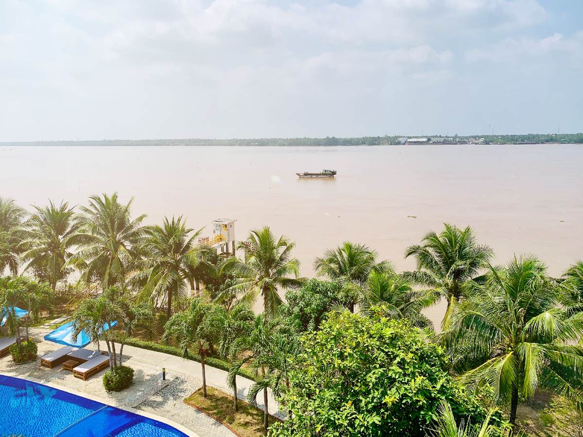 Large fleuve sous un ciel pâle vu par-dessus les cocotiers, avec un angle de piscine et des transats en contrebas