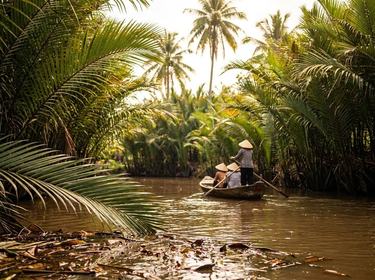 Two travellers in conical hats seen from behind on a wooden rowing sampan in a narrow water-coconut canal, with a local woman rowing at the stern and nipa palm fronds on both banks